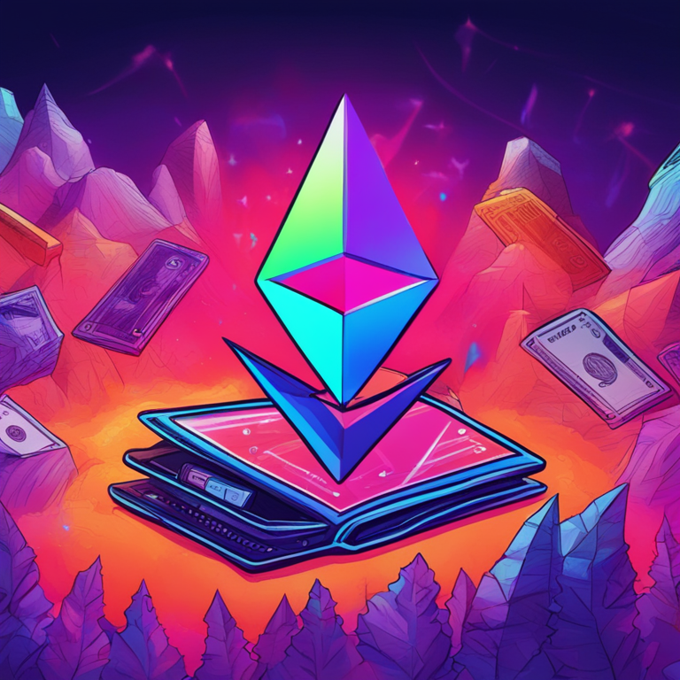 hand-drawn digital illustration of Ethereum wallet receiving 29K ETH from Coinbase, Artstation HQ, surreal, digital art, abstract, vibrant colors, futuristic crypto transaction, high-tech, dynamic elements