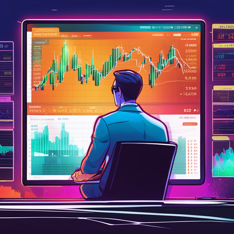 Hand-drawn digital illustration, Artstation HQ, digital art showing a confident investor looking at a rapidly fluctuating stock chart on a high-tech screen, vibrant colors, financial news ticker in background, professional yet slightly whimsical atmosphere