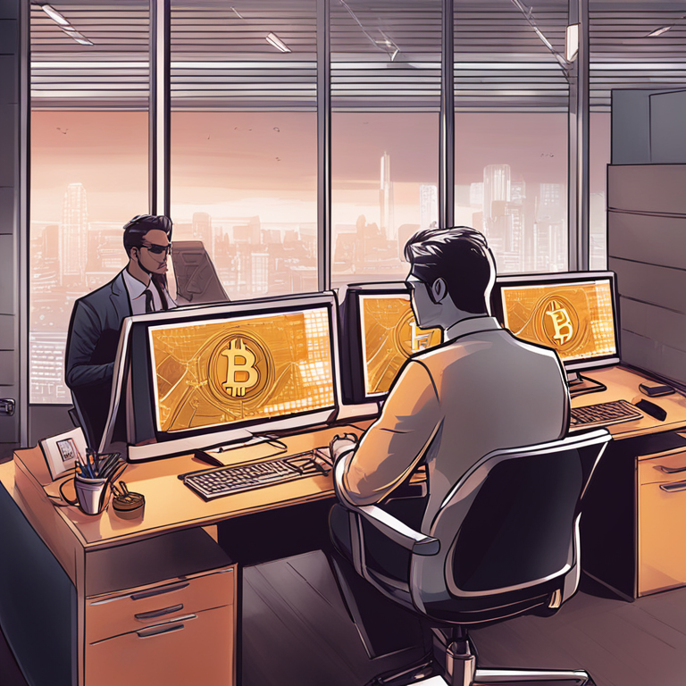 hand-drawn digital illustration, Artstation HQ, digital art, financial experts analyzing bitcoin trends, modern office setting, trending on Artstation, engaging and dynamic scene