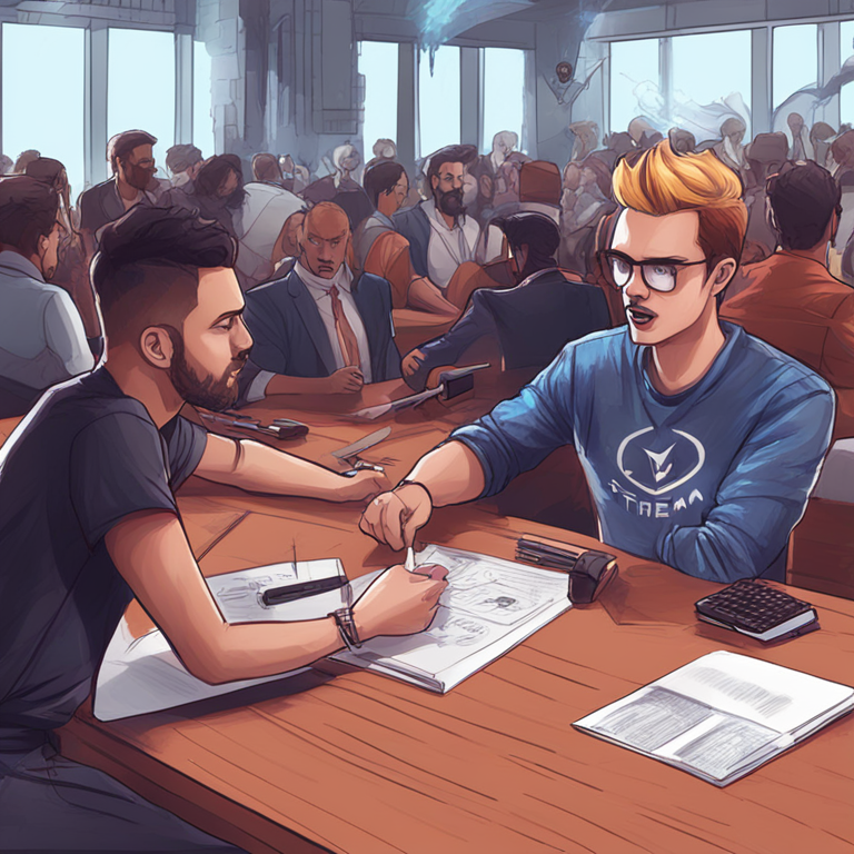 hand-drawn digital illustration, a lively debate between Solana and Ethereum fans, Artstation HQ, digital art