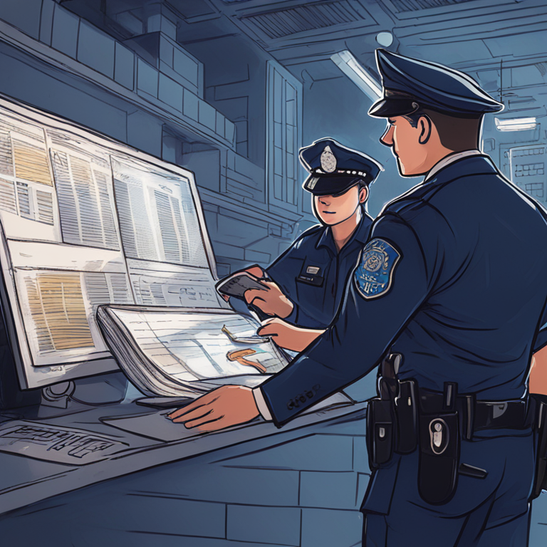 Hand-drawn digital illustration of police uncovering an underground finance scheme involving USDT, Artstation HQ, digital art