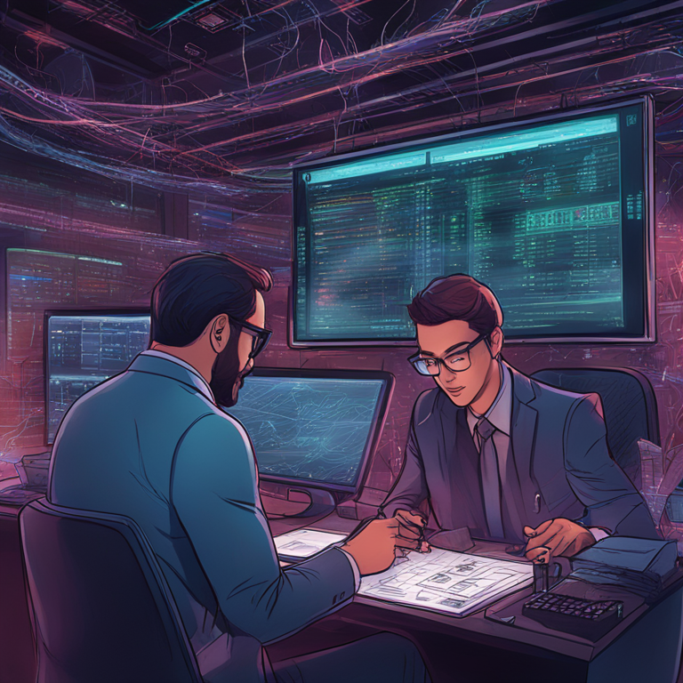 hand-drawn digital illustration of an underground financial network, Artstation HQ, digital art, intricate connections, highly detailed transactions, vibrant visualization of USDT schemes, trending on Artstation, with investigators examining data streams, focused expressions, and official documents, in a modern digital tech ambiance