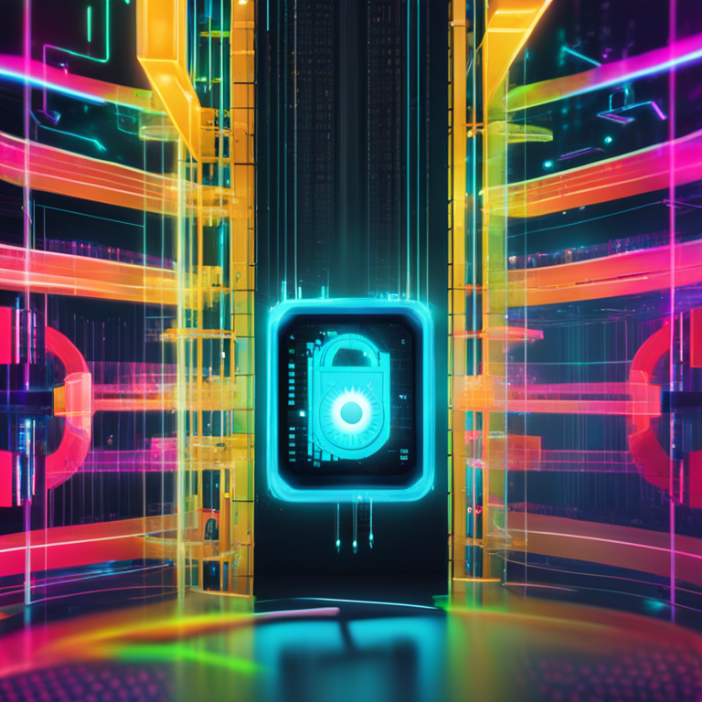 Digital illustration, abstract representation of secure digital ledger with vibrant colors and futuristic design, Artstation HQ, digital art