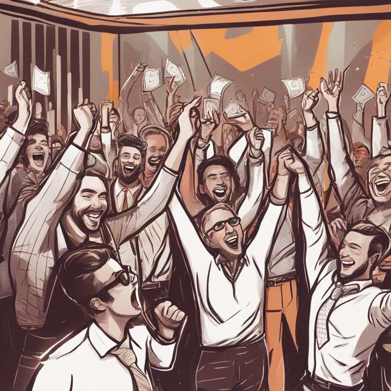 hand-drawn digital illustration of happy investors celebrating a financial surge, Artstation HQ, digital art