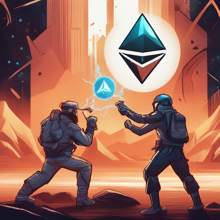 hand-drawn digital illustration, contrasting Solana and Ethereum in a dramatic financial battle, trending on Artstation, digital art