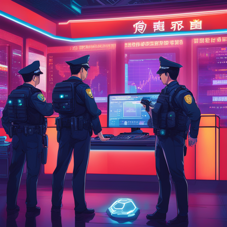 Digital art representation of futuristic financial transactions, Artstation HQ, stablecoin, crime bust, digital currency, vibrant colors and details, emphasizing Chinese policing, high-tech surveillance