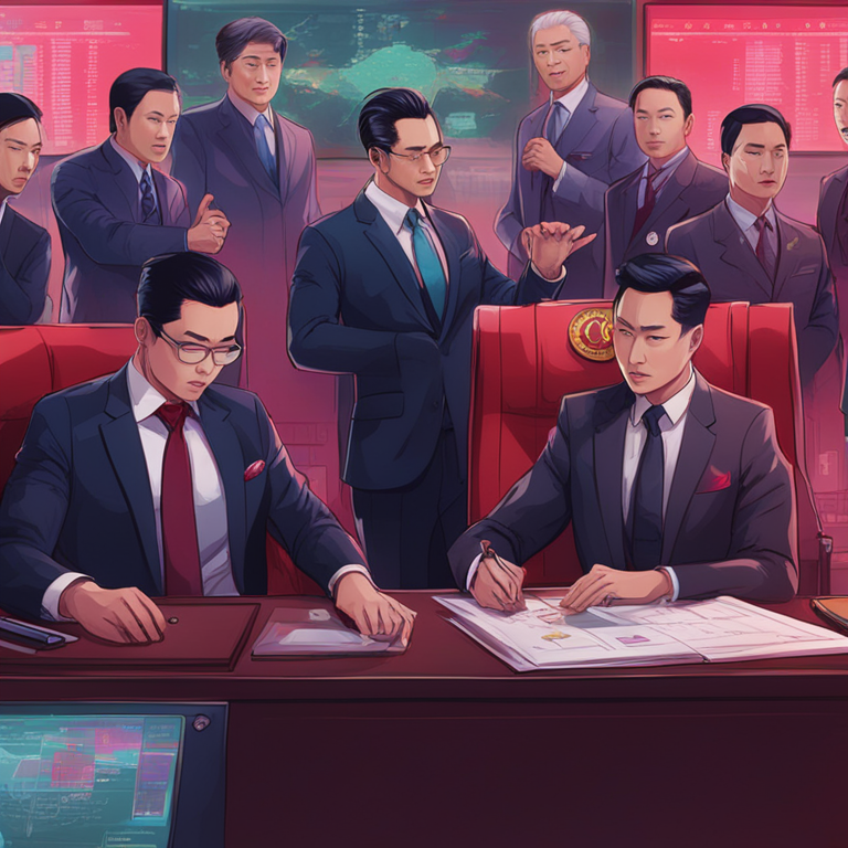 hand-drawn digital illustration of Supreme People’s Procuratorate officials in professional attire, Artstation HQ, digital art, presenting serious faces, pointing at crime boards covered with USDT scheme details, heavily detailed investigation, vibrant colors, trending on Artstation, high-tech background