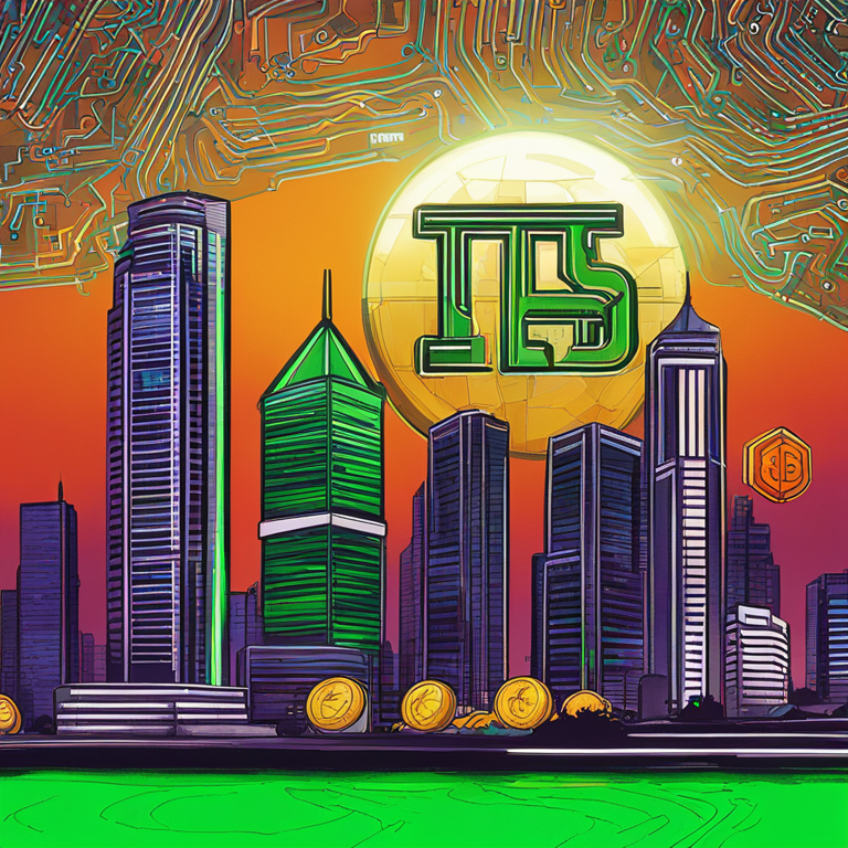 Hand-drawn digital illustration of Scotia Bank and TD Bank’s logos with a futuristic Bitcoin ETF theme, skyscrapers enveloped in digital currency symbols, vibrant colors, glowing digital lines, Artstation HQ, digital illustration