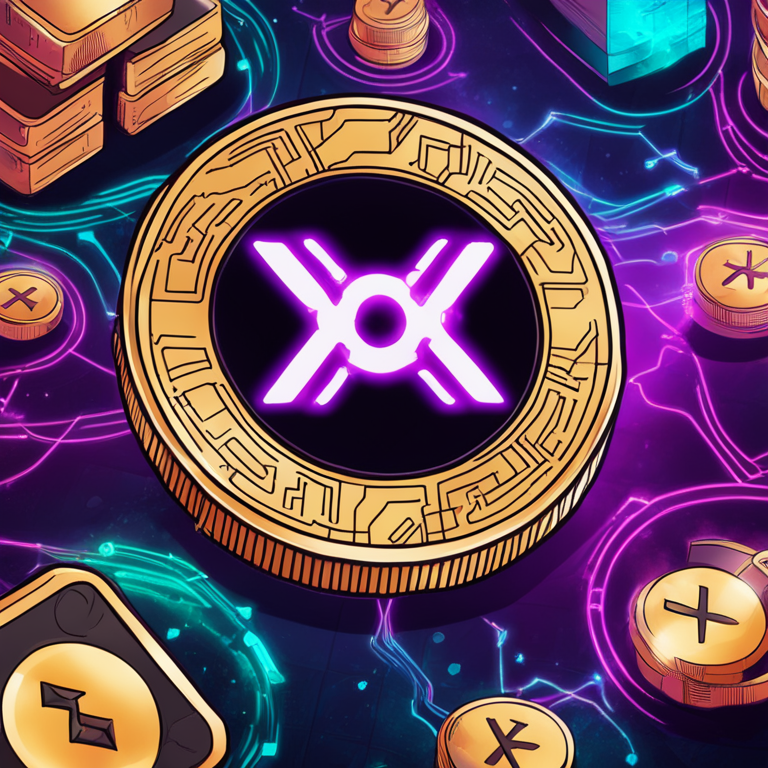 Hand-drawn digital illustration of XRP coin surrounded by blockchain symbols, Artstation HQ quality, digital art, vibrant colors, futuristic theme