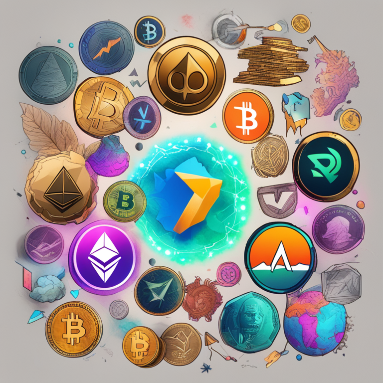 Collage of trending cryptocurrencies, hand-drawn digital illustration, Artstation HQ, vibrant colors, blockchain symbols, digital art, trending on Artstation