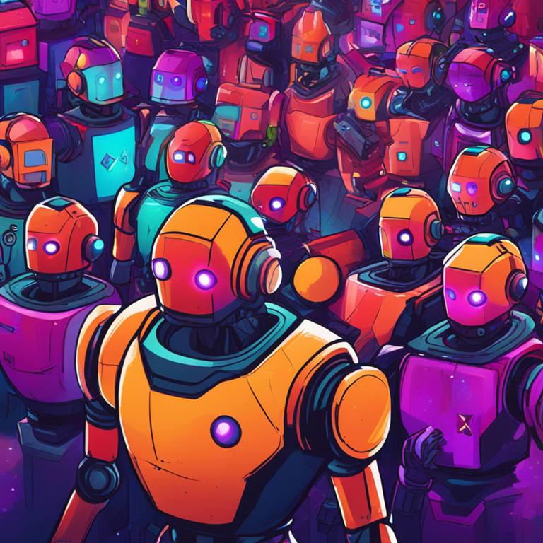 hand-drawn digital illustration, Artstation HQ, digital art, cryptocurrency trading bots being removed, robots with sad faces, vibrant colors, abstract background, futuristic design