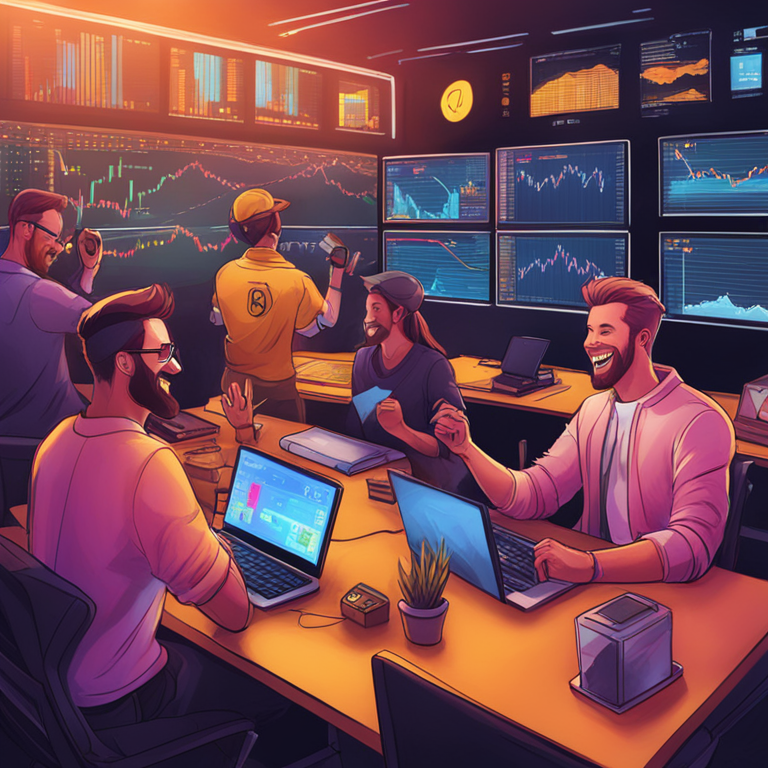 happy traders on Binance, hand-drawn digital illustration, Artstation HQ, digital art, featuring excited crypto traders navigating different trading pairs, lively colors, dynamic surroundings, digital screens, and charts with positive trends