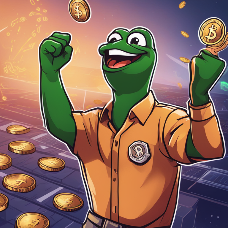 Digital illustration of a happy trader celebrating with a chart showing PEPE coin's value increase, hand-drawn style, Artstation HQ