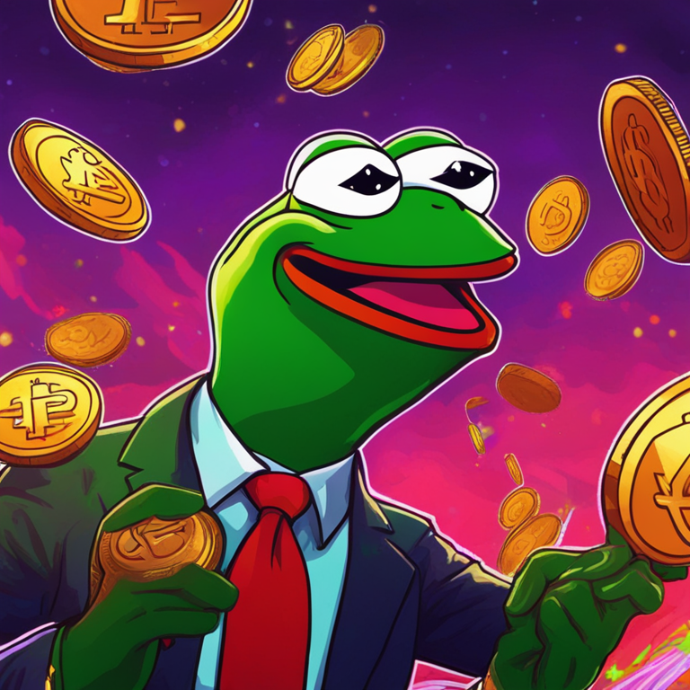 Trader celebrating PEPE all-time high, vibrant colors, digital art, hand-drawn illustration, Artstation HQ, trending crypto scene