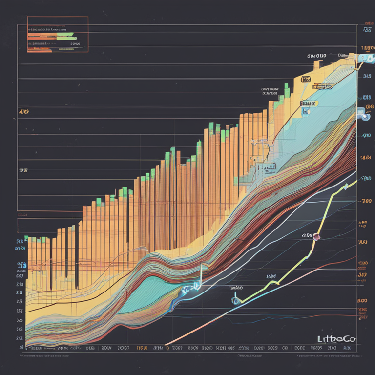 Hand-drawn digital chart illustrating Litecoin's price analysis with a focus on Fibonacci retracement levels and key support lines, digital art, trending on Artstation HQ