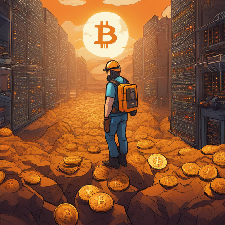 Illustration of a Bitcoin miner in a digital landscape, showcasing the complex relationship between transaction fees and miner profitability, hand-drawn digital illustration, Artstation HQ, digital art