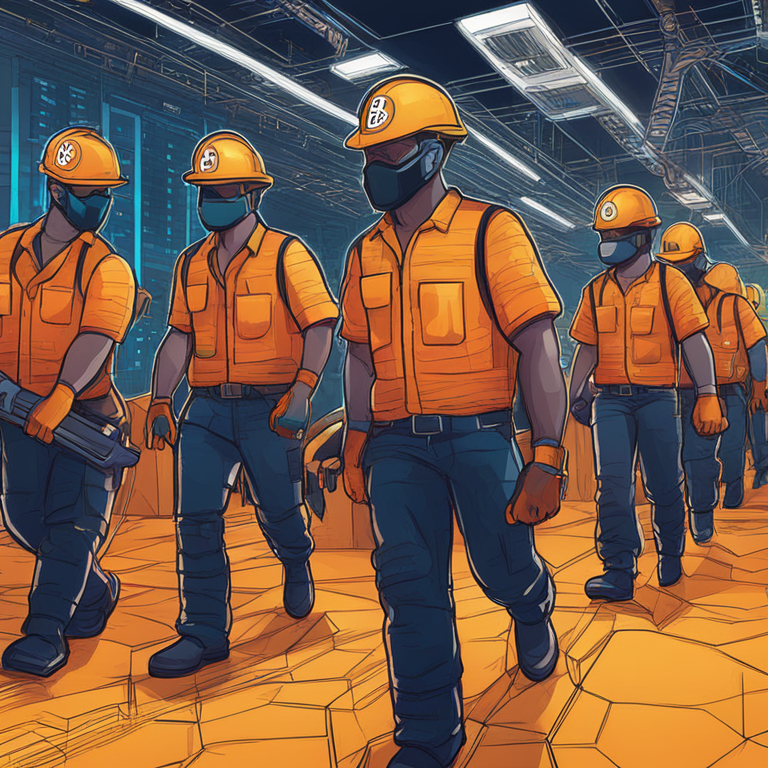 Hand-drawn digital illustration of Bitcoin miners and blockchain nodes, Artstation HQ, digital art, vibrant and detailed, modern and abstract magazine style visual