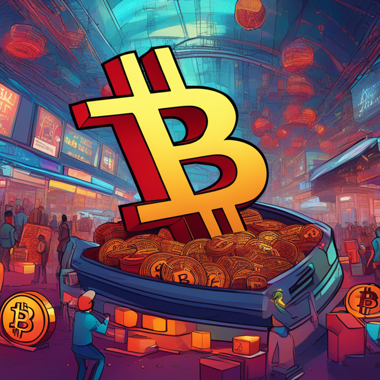 Depiction of weekly market analysis and Bitcoin transaction fee trends, illustrated in a stylized digital art form with vibrant colors, modern and detailed, inspired by Artstation HQ