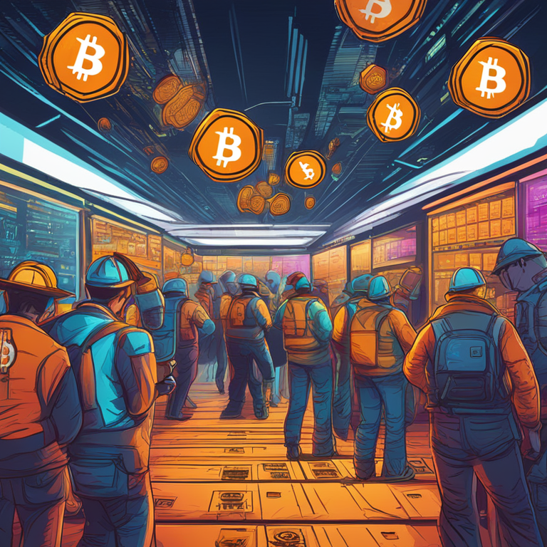 hand-drawn digital illustration, Artstation HQ, digital art, bitcoin market trends, miner selling pressure, detailed, vibrant colors, high-tech, abstract economic impact