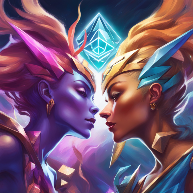 Hand-drawn digital illustration of Solana and Ethereum logos side-by-side in an energetic and competitive race, colorful background, art by Peter Mohrbacher and Donato Giancola, trending on Artstation, vibrant, modern blockchain competition