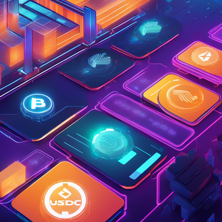 Digital illustration of futuristic cryptocurrency ecosystem, integration of bridged $USDC, sleek and modern design, Artstation HQ, vibrant colors, high-tech blockchain infrastructure, trending on Artstation