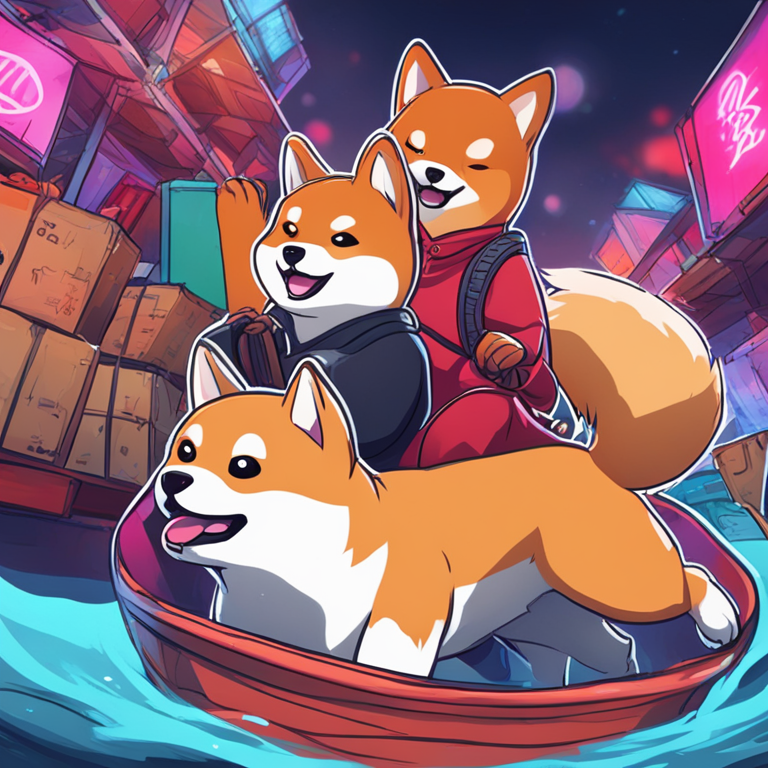 hand-drawn digital illustration, Artstation HQ, digital art, Shiba Inu token being offloaded to exchanges during market lull, vibrant colors, dynamic lines, trending on Artstation