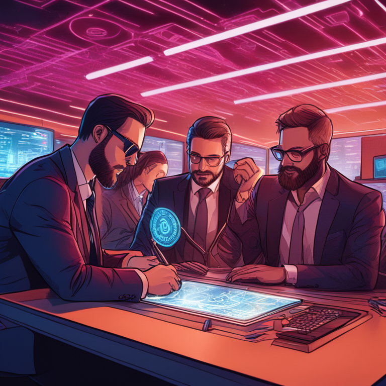 hand-drawn digital illustration, Artstation HQ, digital art, depicting Basel Committee members analyzing cryptocurrencies, detailed and vibrant, futuristic banking setting, trending on Artstation