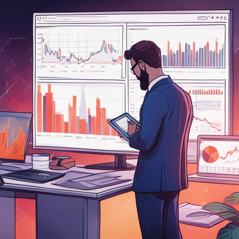 hand-drawn digital illustration of a businessperson reviewing financial graphs with digital assets in the background, Artstation HQ, digital art