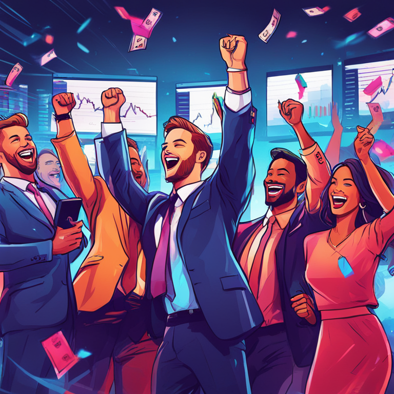 hand-drawn digital illustration of financial analysts celebrating a successful quarter, vibrant digital assets background, Artstation HQ, digital art