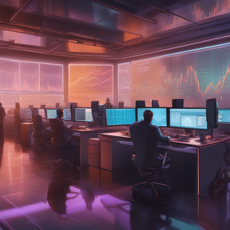 hand-drawn digital illustration, Artstation HQ, digital art of a futuristic trading floor with digital assets, vibrant screens, and charts, professionals trading, detailed, bright colors, high-tech environment, modern office design, art by Peter Mohrbacher and Donato Giancola