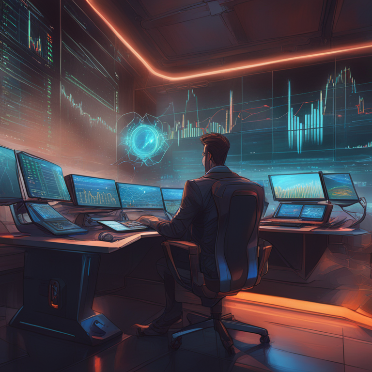 hand-drawn digital illustration, Artstation HQ, digital art of abstract concept representing ETFs and cryptocurrency trading, with futuristic digital screens displaying stocks, sleek financial graphs, modern design, vivid colors, high-tech equipment, by Peter Mohrbacher and Donato Giancola, trending on Artstation