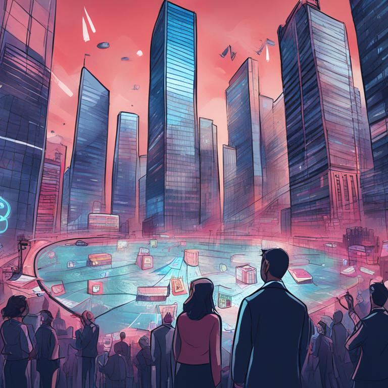 Hand-drawn digital illustration of a financial district with digital assets symbols floating around, business people looking concerned, Artstation HQ, digital art