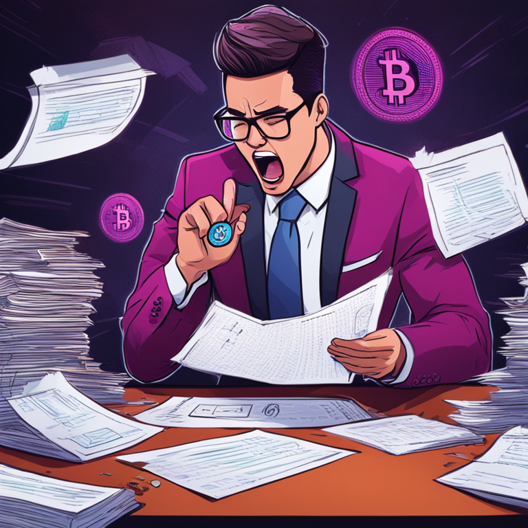 hand-drawn digital illustration, Artstation HQ, digital art, showing a confused business executive tearing a document, cryptocurrency symbols in the background, colorful and dynamic, humorous depiction, related to Hong Kong regulatory climate