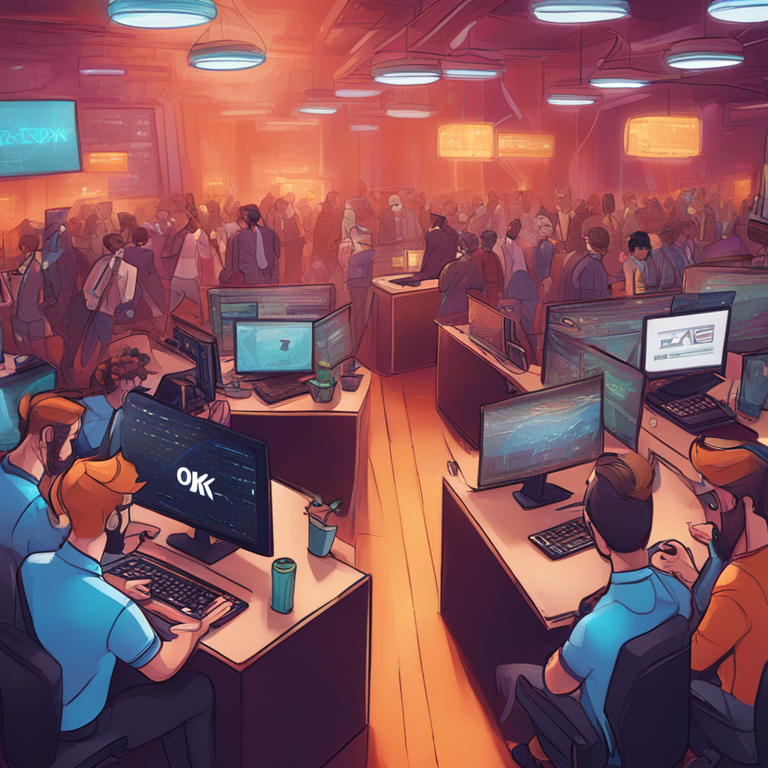 hand-drawn digital illustration, Artstation HQ, digital art, depicting a fierce competition between cryptocurrency exchange offices, vibrant and bustling atmosphere, with OKX, Crypto.com, and Bullish represented as animated characters