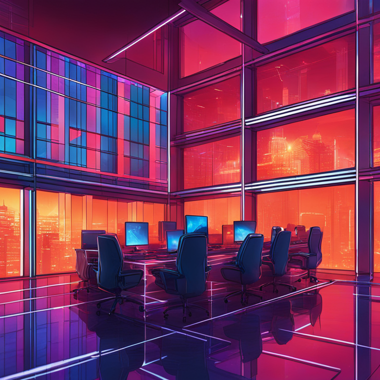 Digital illustration of Huobi headquarters wrapped in a tense atmosphere, reflecting legal challenges, Artstation HQ, vibrant colors, abstract figures