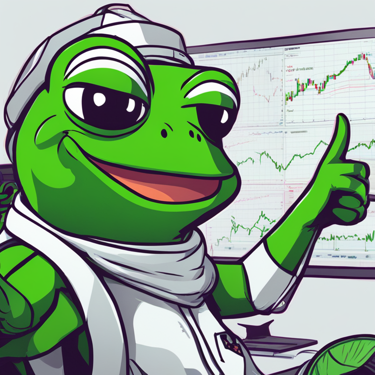 Hand-drawn digital illustration of a bullish market trend graph with green arrows and Pepe frog giving a thumbs-up, Artstation HQ, digital art, high-detail, futuristic theme