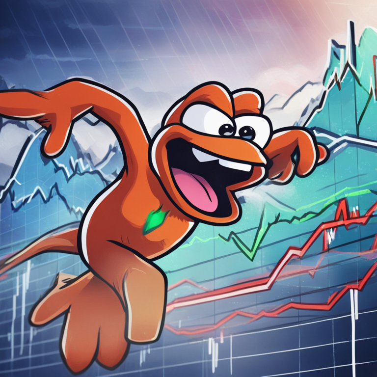 Digital illustration of a rapidly moving stock chart indicating a surge in trading volume with Pepe meme mascot in the background, hand-drawn digital illustration, Artstation HQ, digital art