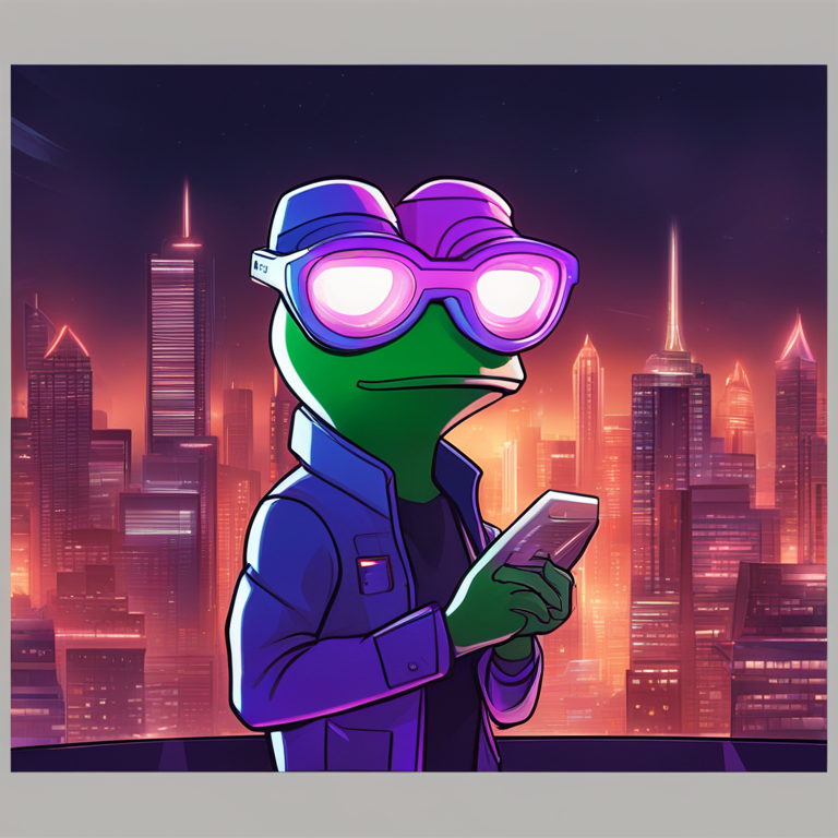 Digital illustration of a futuristic cityscape with glowing financial metrics showing a bullish trend, highlighted with the Pepe meme mascot in a victorious pose, hand-drawn digital illustration, Artstation HQ, digital art