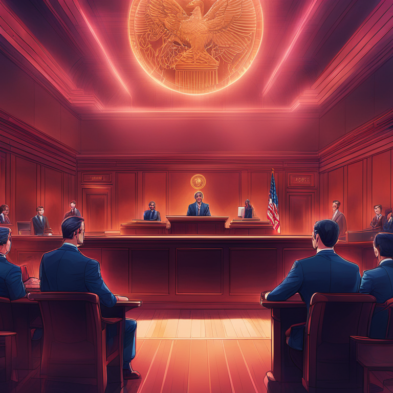 Detailed digital illustration of a courtroom featuring lawyers with blockchain technology codes, digital art by Artstation HQ, modern aesthetic, corporate colors, vibrant, legal tech integration, high-resolution.