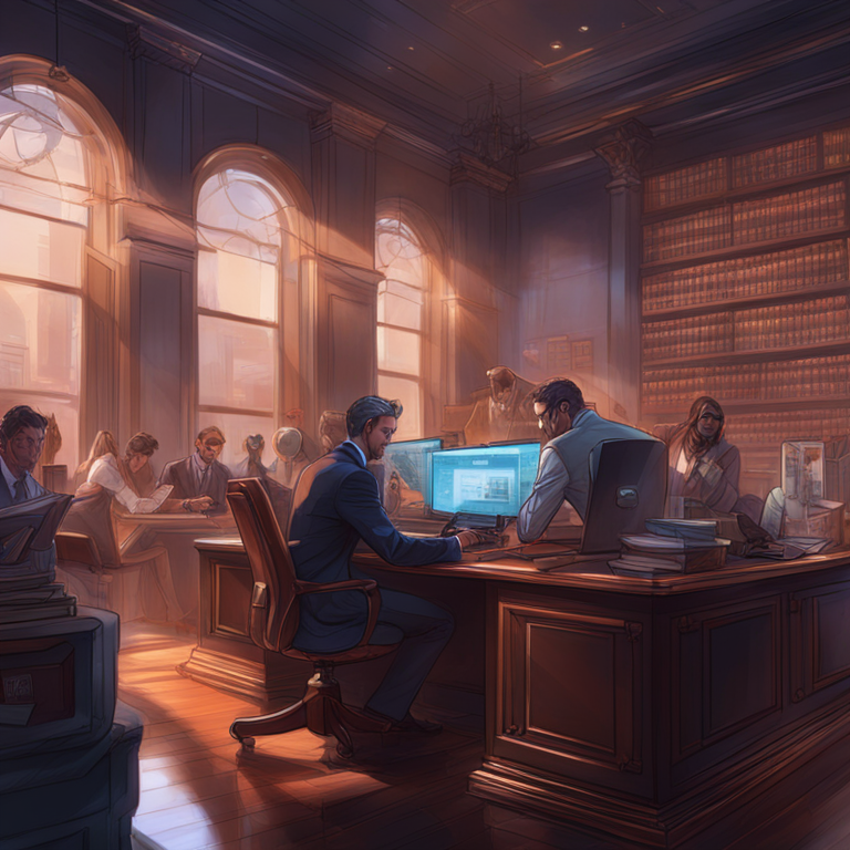 A trendy hand-drawn digital illustration depicting a busy law office integrated with modern blockchain elements, highlighting the innovative fusion of traditional law and cutting-edge cryptocurrency, vibrant digital art, Artstation HQ, detailed, modern, by Peter Mohrbacher and Donato Giancola.