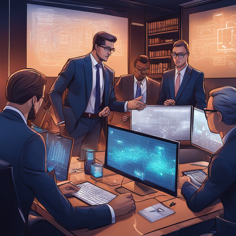 A sophisticated hand-drawn digital illustration showing a group of expert lawyers immersed in complex code and blockchain diagrams, symbolizing the deep integration of legal and technical knowledge, Artstation HQ, digital art, expressive and modern style.