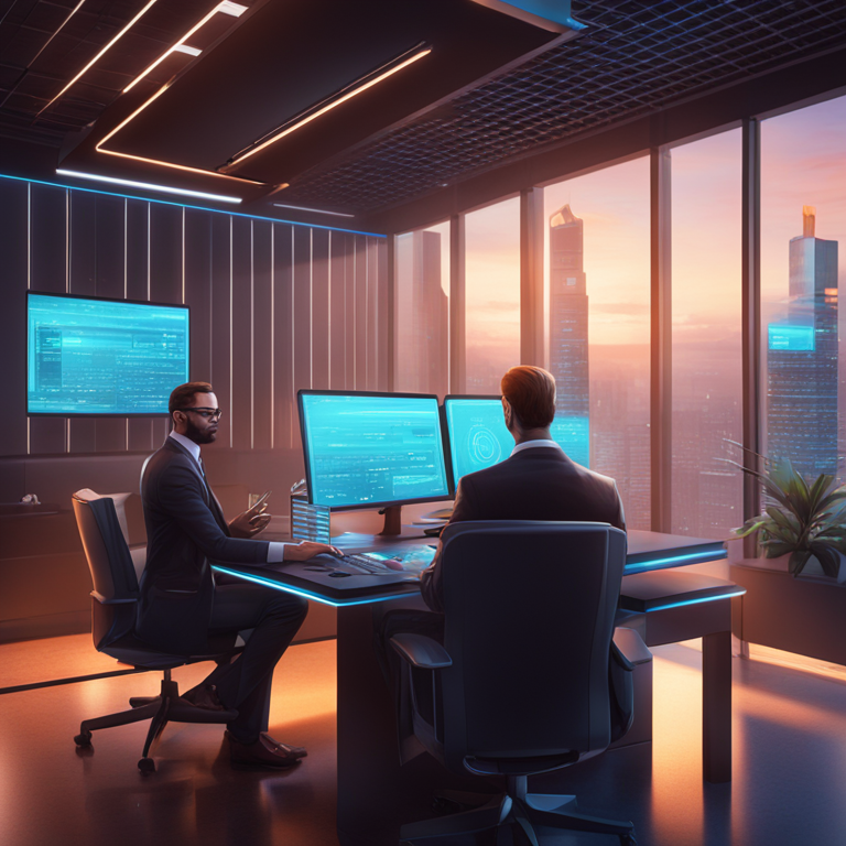 High-quality digital illustration of a futuristic law firm with digital assets, blockchain elements and lawyers consulting in a sophisticated, high-tech environment, Artstation HQ, digital art