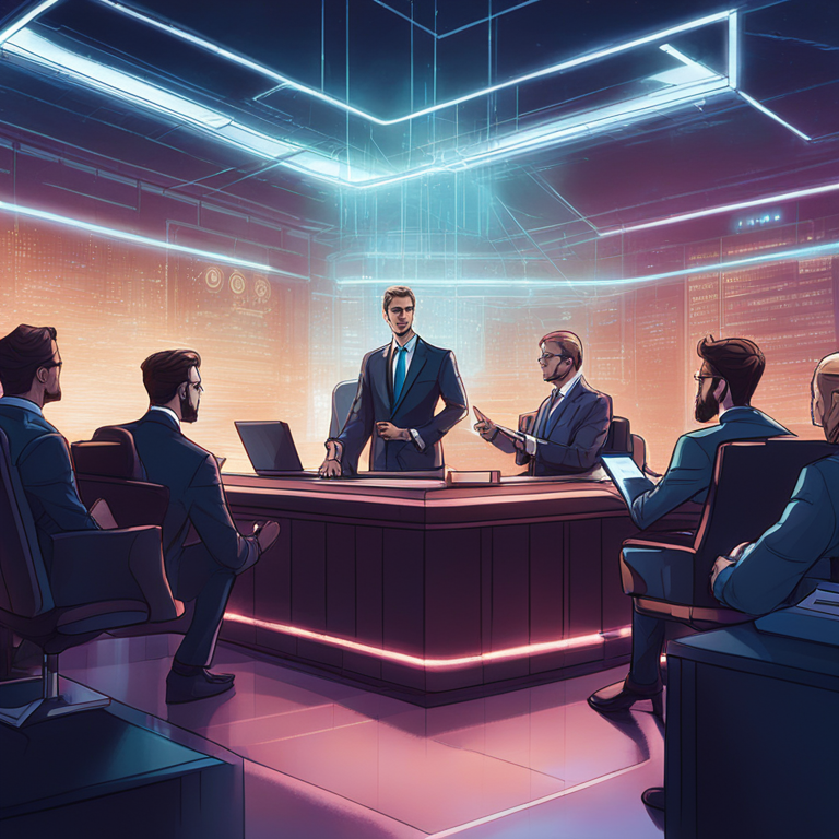 Hand-drawn digital illustration of lawyers in a high-tech courtroom discussing cryptocurrency regulations, against a futuristic backdrop, Artstation HQ, digital art