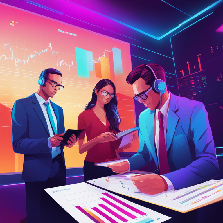 creative digital illustration, Artstation HQ, digital art of economists looking at graphs and data charts, futuristic, interpretive, vibrant colors, emphasizing anticipation and suspense, high-resolution, Artstation trending, modern financial environment