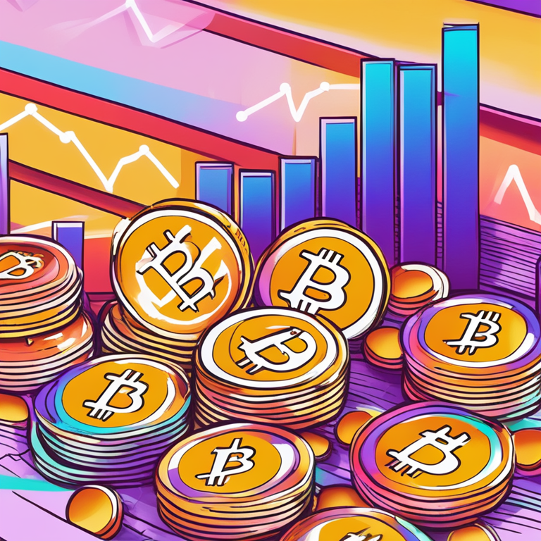 Hand-drawn digital illustration of Bitcoin and Ethereum icons against a fluctuating market graph, colorful and vivid, Artstation HQ, digital art