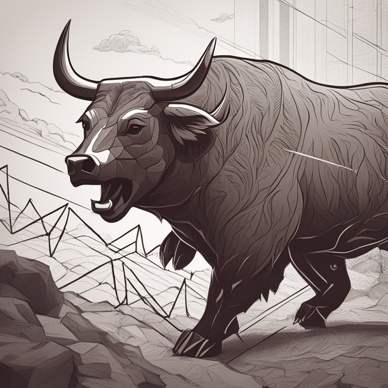 Artistic digital illustration of bullish and bearish trends represented by a charging bull and a retreating bear, Artstation HQ, intricate line work, digital art