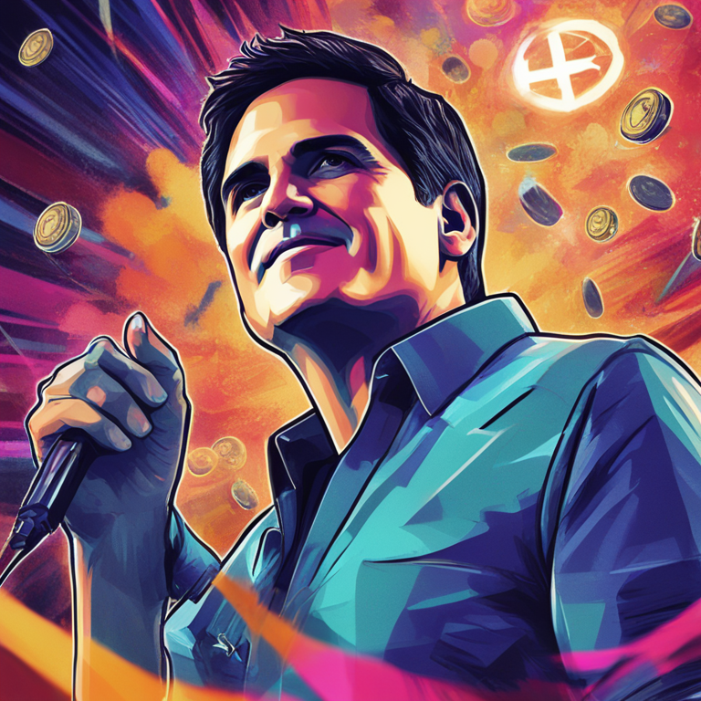 Mark Cuban emphasizing his journey from criticizing to promoting cryptocurrencies, hand-drawn digital illustration, Artstation HQ, digital art, trending on Artstation, vivid colors, abstract rendering of Mark Cuban, dynamic background, modern magazine style