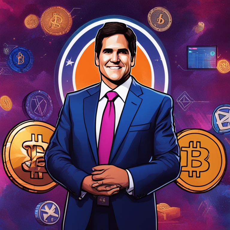 A hand-drawn digital illustration of Mark Cuban as a revolutionist, standing in front of crypto symbols and the SEC emblem, Artstation HQ, digital art, vibrant colors, futuristic, high-energy, detailed