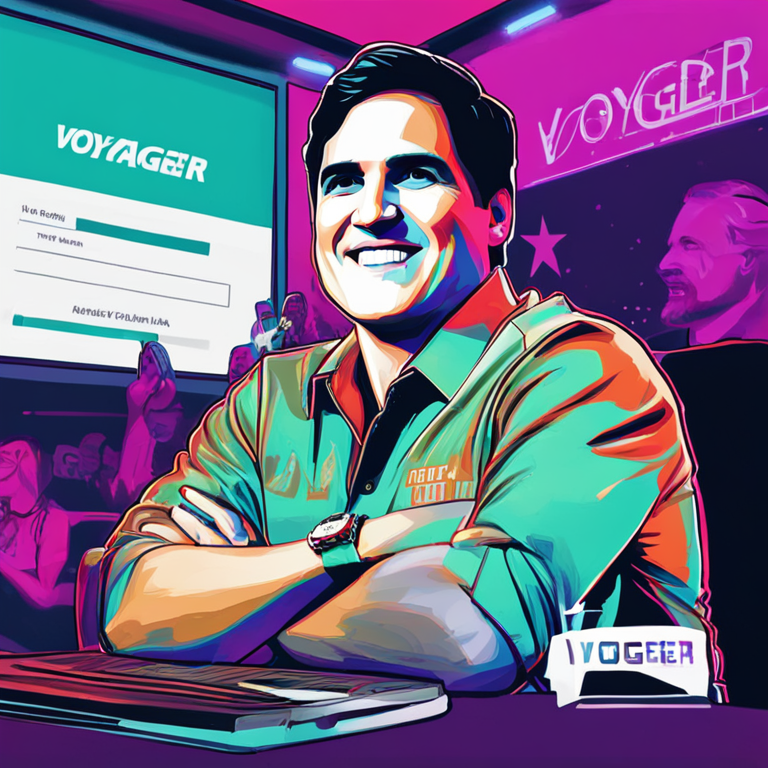 A digital drawing of Mark Cuban promoting Voyager at a press conference, with a bold slogan in the background, Artstation HQ, detailed, modern sports branding, vibrant colors