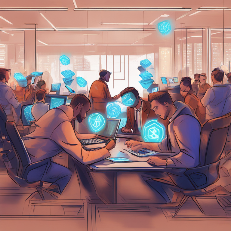 Conceptual digital artwork of investors trading tokens, hand-drawn digital illustration, Artstation HQ, digital art, emphasizing the dynamic flow of digital assets